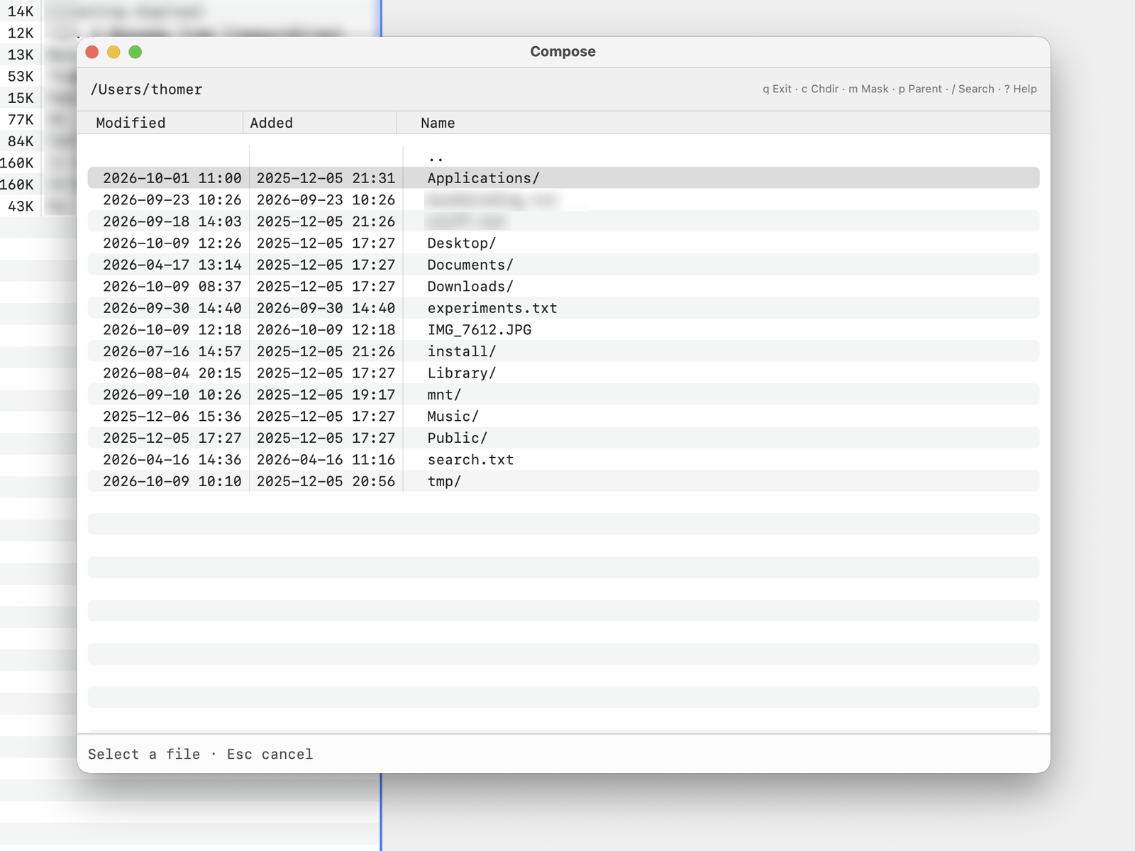 The file browser for attachments, listing a home folder with modified and added dates.