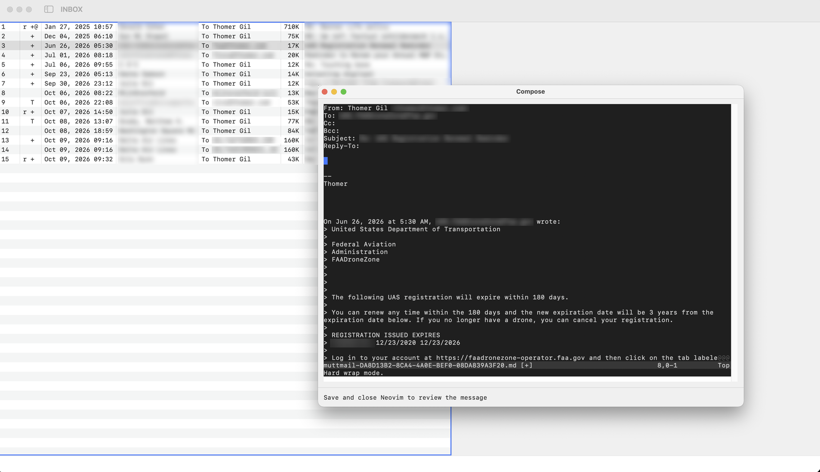 A reply open in embedded Neovim, with From, To, Cc, Bcc, Subject, and Reply-To headers above the quoted message.
