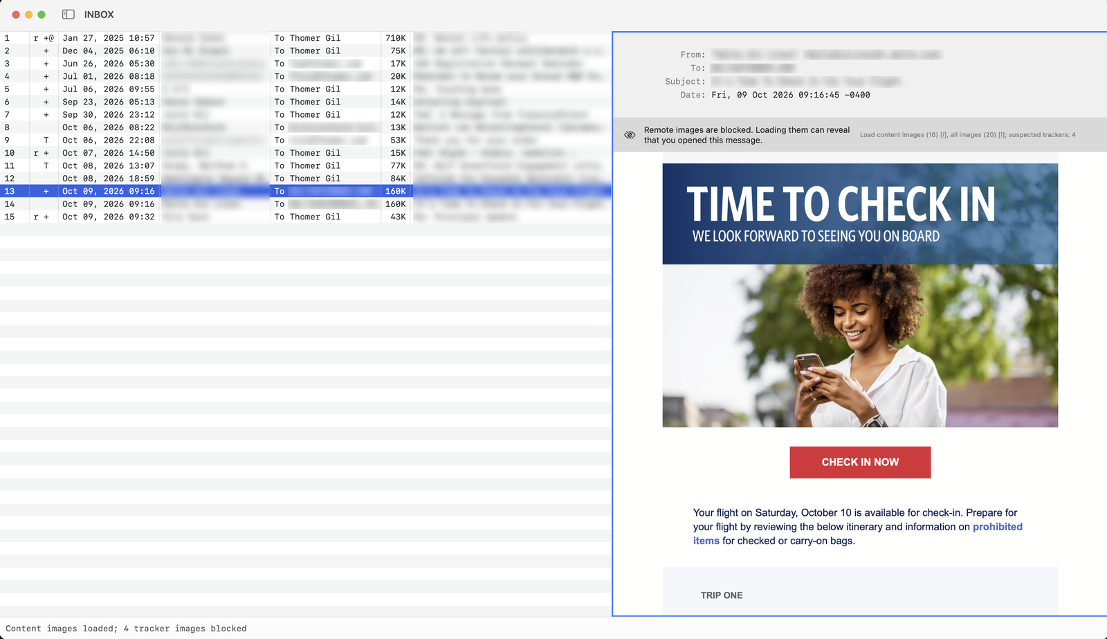 The Mutt Desktop window: a message index on the left and an HTML message on the right, with a notice that remote images are blocked.